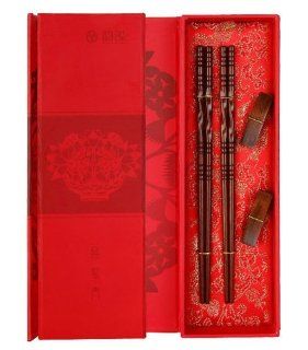 2 Pairs Rosewood Hinge Shape Chinese Chopsticks Chopsticks Rest with Gift Box Kitchen & Dining