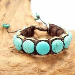 Round Turquoise Stones Leather Pull Slide Bracelet (Thailand) Bracelets
