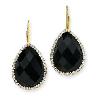 Sterling Silver Gold plated CZ & Black Onyx Leverback Earrings Jewelry