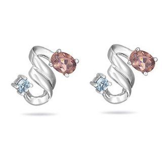 1.60 Cts Pink Tourmaline & 0.34 Cts Aquamarine Earrings in 14K White Gold Jewelry