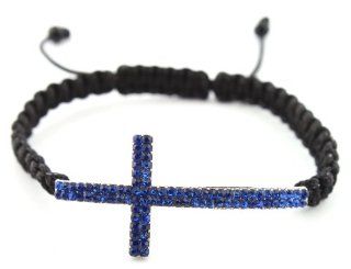 2 Pieces of Black Lace Style Bracelet with a Blue Iced Out Cross Strand Bracelets Jewelry