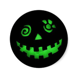 Crazy Jack O Lantern Pumpkin Face Green Round Sticker