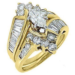 14k Yellow Gold Marquise Baguette Diamond Engagement Ring Bridal Set 2.46 Carats Wedding Ring Sets Jewelry