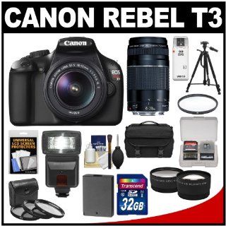 Canon EOS Rebel T3 Digital SLR Camera & 18 55mm IS Lens with 75 300mm Lens + 32GB Card + Battery + Case + 3 Filters + Tripod + Flash + Tele/Wide Lens Kit  Camera & Photo
