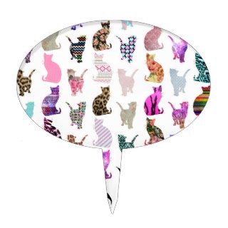Girly Whimsical Cats aztec floral stripes pattern Cake Topper