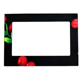 Cute retro red cherries fruit pattern on black picture frame magnet