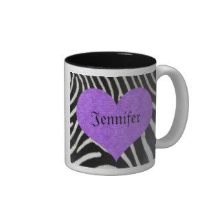 Zebra Print Purple Heart   Custom Name Coffee Mugs