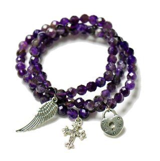 Silver Trendz Set of 3 Stackable Gemstone Amethyst Bead Stretch Bracelet with Love Hope and Peace Charm Jewelry