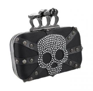 Black Satin Knuckle Duster Clutch Purse with Rhinestone Skull/Studs Clothing