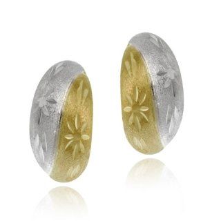 10K Two Tone Gold Star Brushed Half Hoop Earrings Jewelry