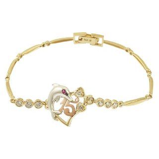 14k Tricolor Gold, 15 Anos Quinceanera Heart Dolphin Bracelet with Lab Created Gems 14mm Wide Jewelry