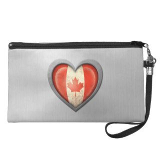 Canadian Heart Flag Stainless Steel Effect Wristlet Purse