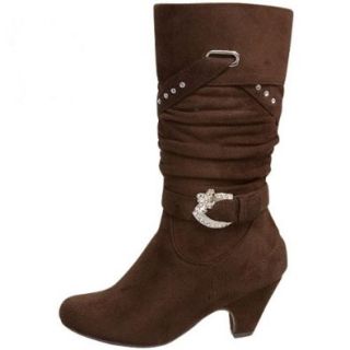 Lucky Top Girl's Suede Low Heel Boots with Rhinestone Buckle Accent Shoes