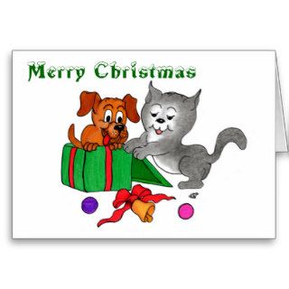 Merry Christmas with Cat and Puppy Greeting Card