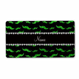 Personalized name lime green glitter mustaches labels