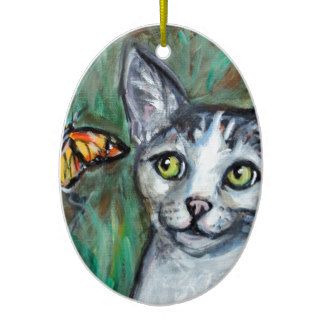 Tabby Cat eyes monarch butterfly Christmas Tree Ornaments