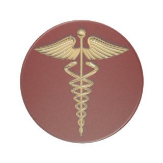 Caduceus, Gold Bling on Red Drink Coaster