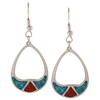Southwest Moon Silvertone Turquoise and Coral Inlay Teardrop Earrings Southwest Moon Gemstone Earrings