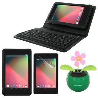 Skque® Black Silicone Skin Case Cover Shell + Clear Anti Scratch Screen Protector Films + Black Leather Case Cover with Wireless Bluetooth Keyboard + Green Powered Happy Dancing Solar Flower for Hot Sell Asus Google Nexus 7 Tablet Computers & Acce