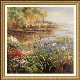 "Village Pond" Landscape by Hulsey, finest quality print, solid wood gold finish frame/museum matted 36" x 36"  
