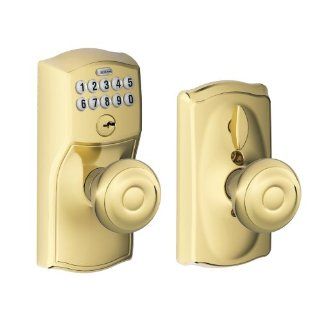 Schlage FE595 CAM 505 GEO Camelot Keypad Entry with Flex Lock and Georgian Style Knobs, Bright Brass   Electronic Keyless Door Lock  