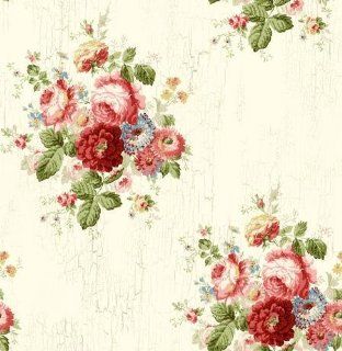 Wallpaper Designer Victorian Antique Looking Blue Pink Red Green & Gold Floral Roses on Cream Faux Crackle    