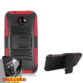 HTC Desire 601 ZARA (Virgin Mobile) 2 Piece Silicon Soft Skin Hard Plastic Kickstand Case Cover w. Belt Clip Holster, Red/Black + SCREEN PROTECTOR & CAR CHARGER Cell Phones & Accessories