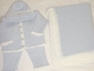 Cpk601bk Hand Machine Knitted Blue Cotton Hand Crochet Finished with White Chenille Cardigan Pant Hat Set and Matching Blanket (6 12mo) Clothing