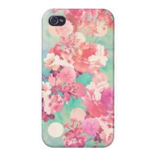 Romantic Pink Retro Floral Pattern Teal Polka Dots iPhone 4 Cases