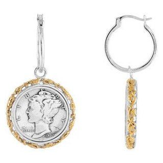IceCarats Designer Jewelry Sterling Silver/ Gold Plated Earring Set With Mercury Dime Coins Sterling Silver IceCarats Jewelry