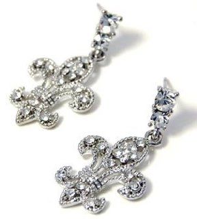 Glamorous Sparkling Crystal Fleur de lis Dangle Silver Tone Earrings for Teens and Women Jewelry
