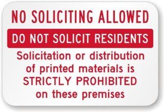 No Soliciting Allowed, Do Not Solicit Residents, Distribution or Solicitation of Sign, 18" x 12"  Yard Signs  Patio, Lawn & Garden