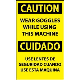 NMC ESC621AP Bilingual OSHA Sign, Legend "CAUTION   WEAR GOGGLES WHILE USING THIS MACHINE", 3" Length x 5" Height, Pressure Sensitive Vinyl, Black On Yellow (Pack of 5) Industrial Warning Signs