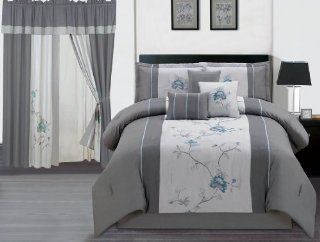7 pieces Gray Blue Embroidered Floral Bed in a Bag Comforter Set Queen Size   Aqua Comforter Sets