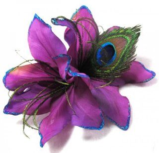 Large Purple Lily and Peacock Hair Flower Clip  Beauty