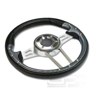 SW T360, 330mm 12.9" Black PVC Leather Carbon Style Trim Silver Spoke 6 Hole Racing Aluminum Steering Wheel with Horn Button Automotive