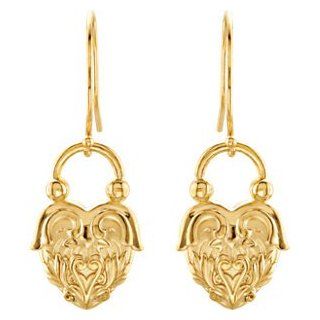 14K Yellow Gold Vintage Inspired Heart Design Dangle Earrings Jewelry