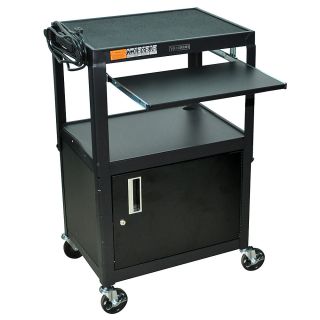 Luxor  H. Wilson Adjustable Height Av Cart With Cabinet And Pull Out Tray   24X18 Shelves   Black   Black