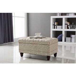Castillian Collection Ivory White/ Silver Damask Tufted Storage Bench Ottoman