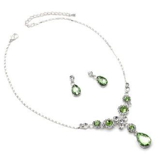 Silver Peridot Flower Center with Teardrop Dangle Necklace & Matching Dangle Earrings Jewelry Set Jewelry