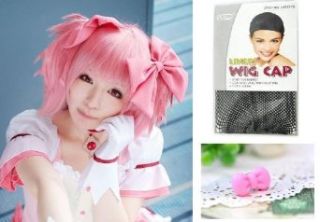 Japanese Anime Wigs @ Puella Magi Madoka Magica Kaname Madoka 35cm Pink Short Straight with Two Removable 35cm Short Curly Pigtails + Wigs Cap + Anti dust Plug Stopper Clothing