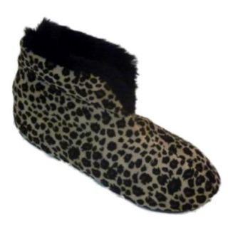 Dearfoams Brown Leopard Velour Boot Slippers Booties House Shoes Black Fur Trim Shoes