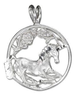 Sterling Silver Diamond Cut Unicorn Pendant in Circle with Satin Finish Jewelry
