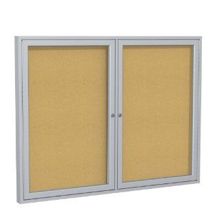 2 Door Aluminum Frame Enclosed Natural Cork Tackboard Frame Finish Satin, Size 48" H x 60" W x 2.25" D   Door Stops