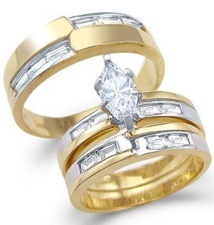 Solid 14k Yellow and White Gold CZ Engagement Wedding His and Hers Trio Three Piece Ring Set Jewelry