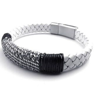 8", KONOV Jewelry Leather Mens Cuff Bracelet Stainless Steel Chain, White Silver   8 inch KONOV Jewelry Jewelry