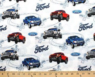 Ford Motor Company Fords Truck Trucks on White Cotton Fabric Print by the yard (1101 01)