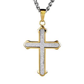 Crucible Men's Gold Plated Stainless Steel Sandblasted Cross Pendant Necklace   24 Inch Curb Chain Crucible Jewelry