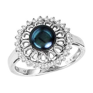 14K White Gold 0.23cttw Lovely Prong Set Halo Style Black Pearl and Round Diamond Fashion Ring Jewelry