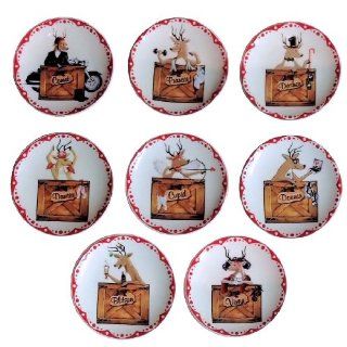 Manual Woodworkers and Weavers Santa's Reindeer Stable Christmas Mini Plates   Set of 8   Decorative Plates